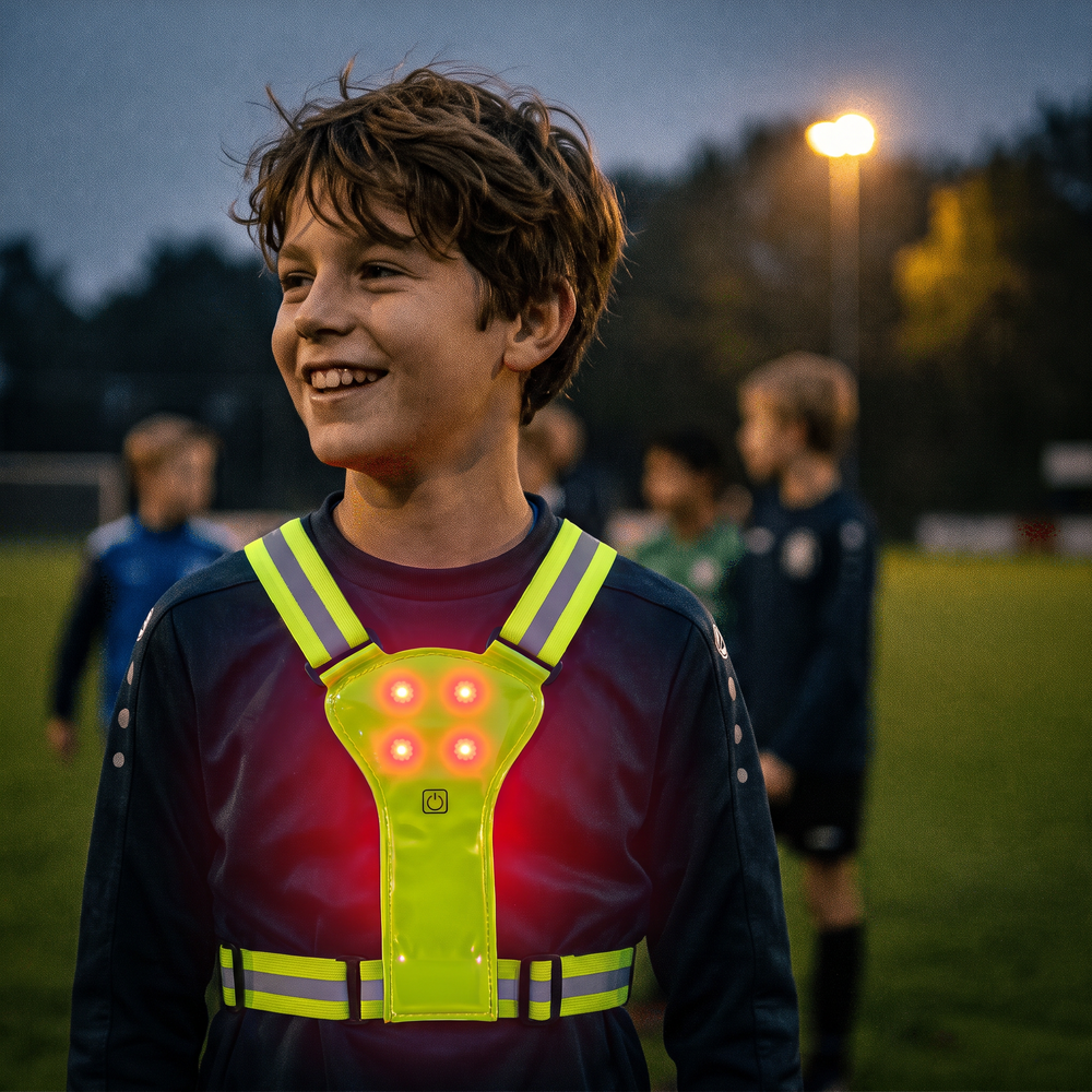 Lachende jongen met lichtgevend hesje met rode leds