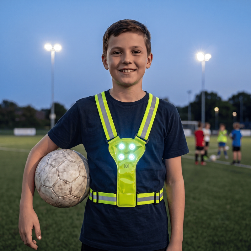 Jongen met wit lichtgevend hesje en voetbal onder de arm