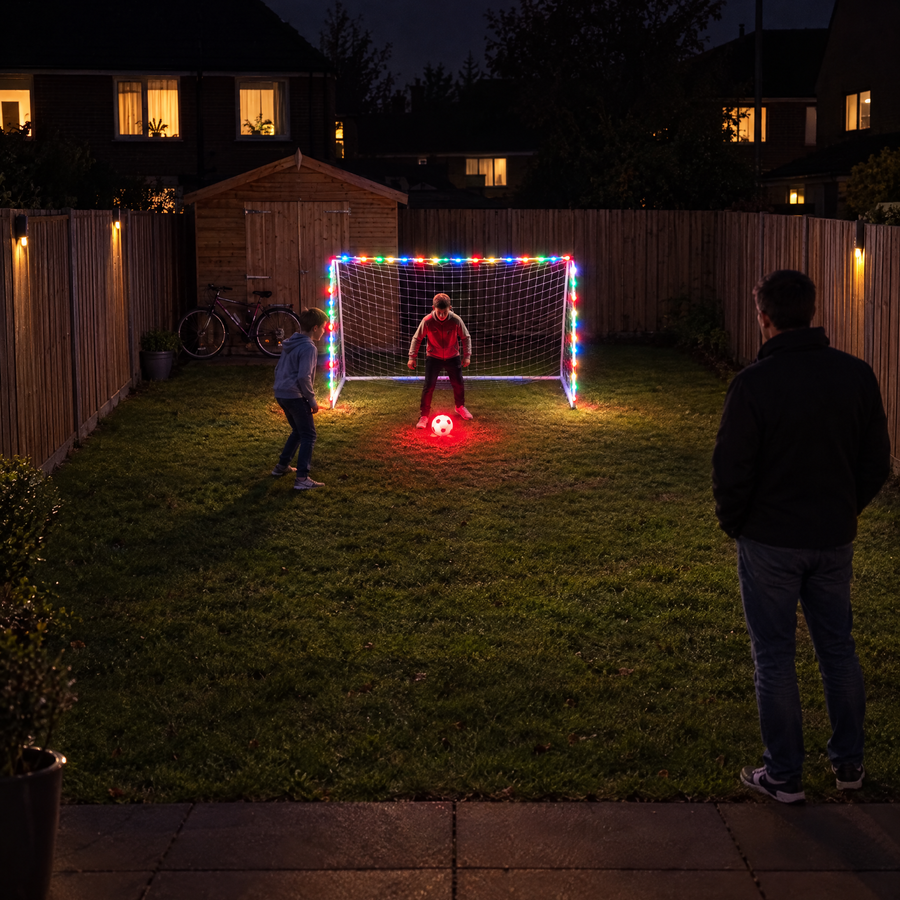 Tuin met verlichte doelen en tafeltennistafel met LED-slang