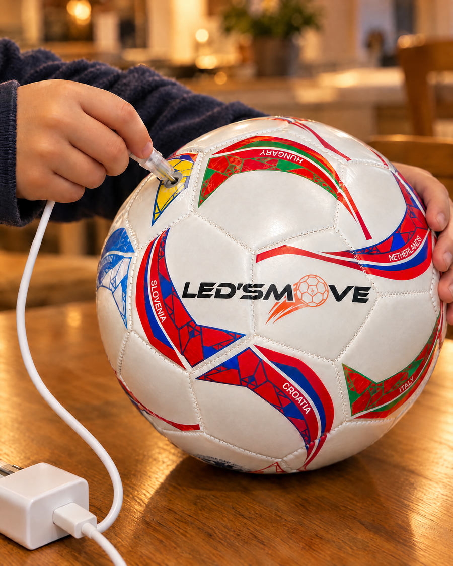 Kind laadt de LED's Move voetbal op met de USB-C kabel