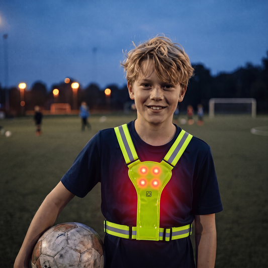 Boy wearing a light-up vest with red LEDs and a soccer ball