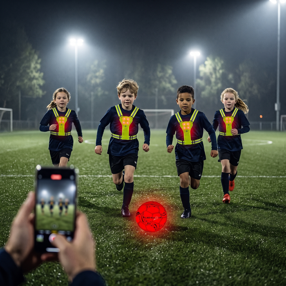 Kinderen met lichtgevende hesjes rennen achter de LED voetbal aan