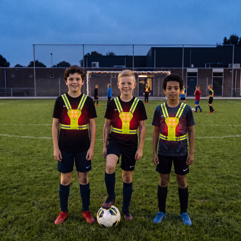 Drei Jungen mit leuchtenden Westen auf dem Fußballplatz