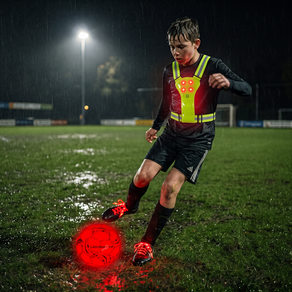Jongen met lichtgevend hesje speelt in de regen met de LED voetbal