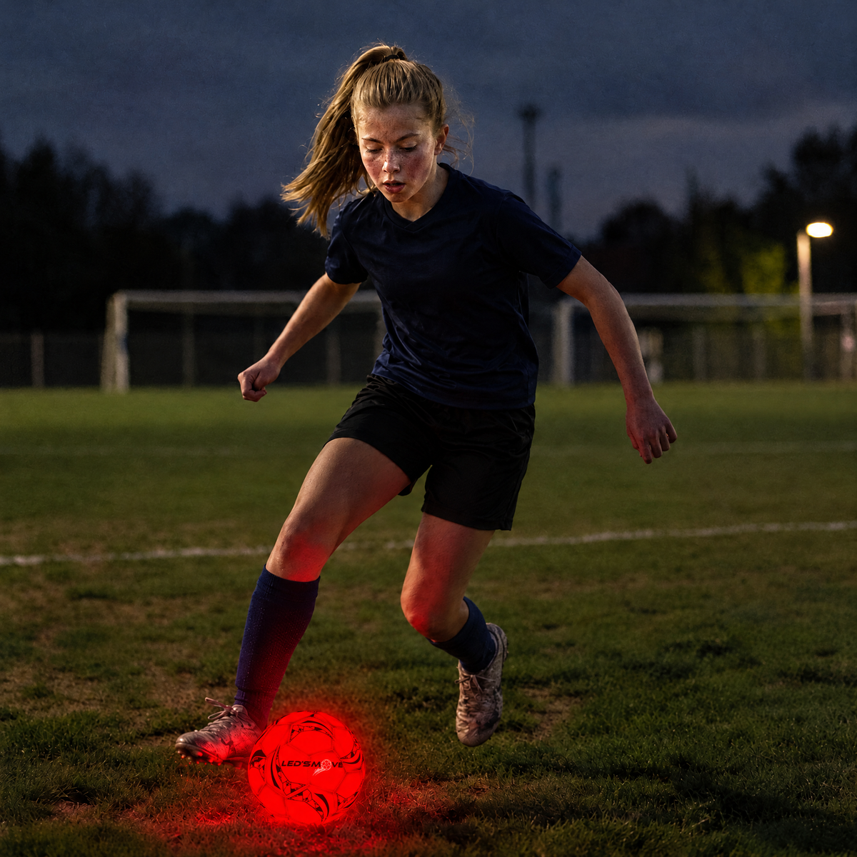 A girl dribbles a Move soccer ball with glowing LEDs on the field in the evening